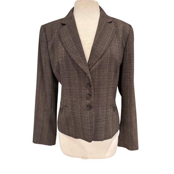 Tahari Arthur S. Levine Womens Brown Plaid Blazer Size 12 Button Front Notch Lap - Picture 1 of 11
